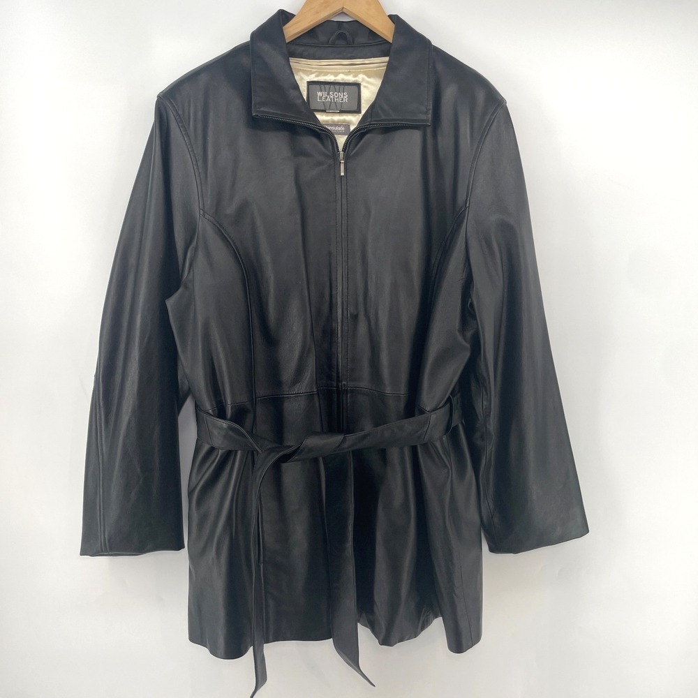 Vtg 90s Wilsons Leather Belted Trench Jacket Coat Thinsulate Lined Black 3X READ